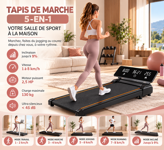 Tapis de Marche 5-en-1 avec Inclinaison 9% – Movea Home Fitness