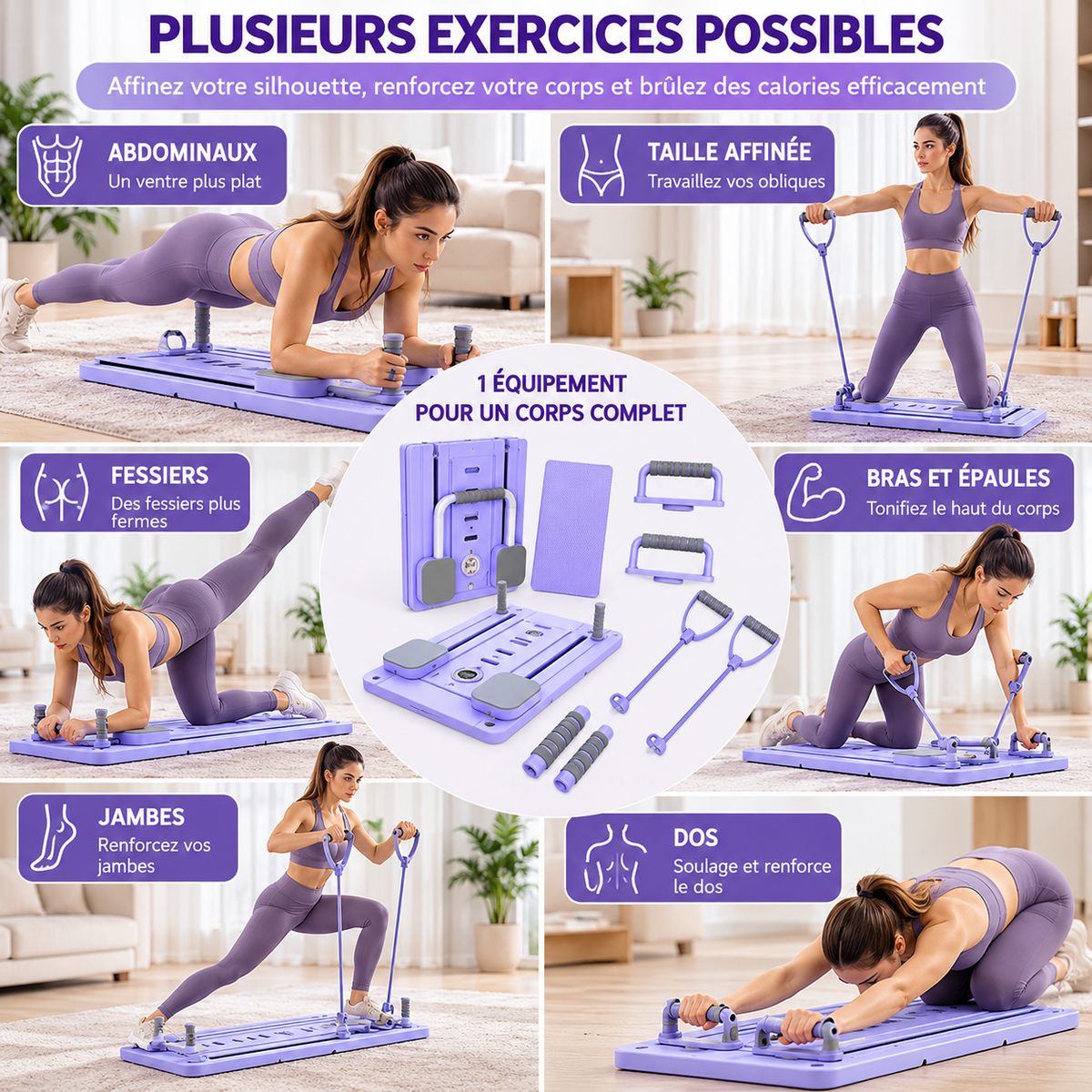Planche de Pilates Multifonction 5-en-1 – Renforcement & Fitness à Domicile